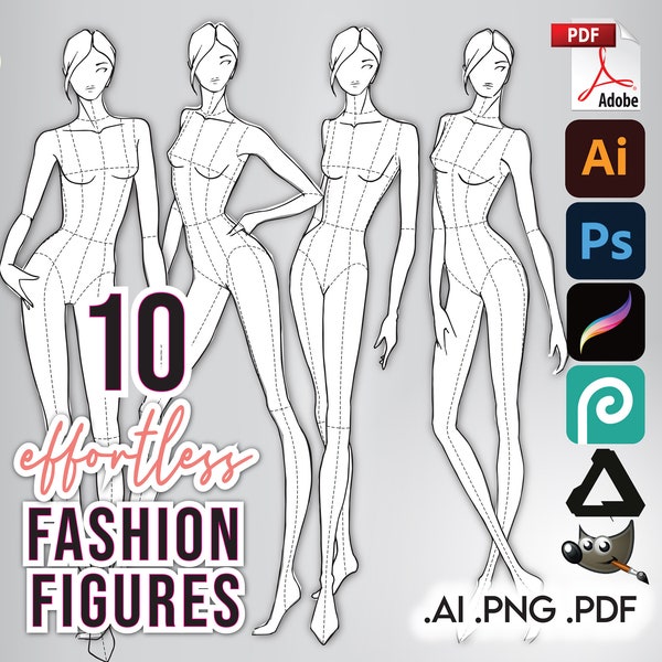 FASHION FIGURES 10 TEMPLATES • 9-Head Female Sketches • Printable Pdf, Adobe Illustrator Ai Png • Designer Croquis + Free Basic Hair & Bonus