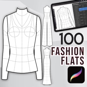 PROCREATE FASHION-stempels voor platte schetsen en kleding Tech Packs • 100 sjablonen Vrouwelijke croquis, tops, jassen, rokken en broeken Streetwear