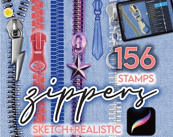 156 PROCREATE FASHION BRUSHES • 112 Zipper Pull Stamps + 41 Zip Teeth Brushes • Brushset Files + Free Bonus Palette Designer Brush Anime