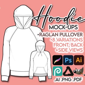 PULLOVER RAGLAN HOODIE Mockup Vector Streetwear Clothing • Ai/Pdf/Png • Front+Side+Back •Adobe Illustrator Photoshop Procreate Affinity Gimp