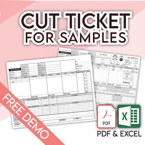 May include: Image of a document titled "CUT TICKET FOR SAMPLES" with the text "FREE DEMO". The document is a sample cut ticket with fields for color, lining, and other details. PDF and Excel icons are also visible.