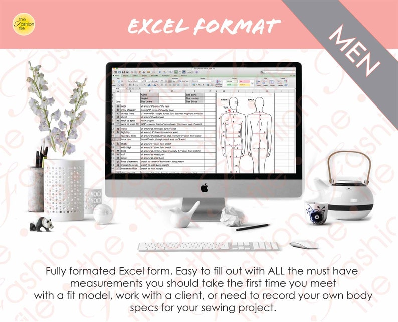 Puede incluir: Una pantalla de ordenador que muestra una hoja de c&aacute;lculo de Excel con una tabla de medidas corporales para hombres. La hoja de c&aacute;lculo incluye un diagrama del cuerpo humano con puntos de medici&oacute;n etiquetados. El texto "EXCEL FORMAT" se muestra en la parte superior de la pantalla. El texto "MEN" se muestra en la esquina superior derecha de la pantalla.