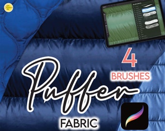May include: A digital illustration of four brushes for creating a puffy fabric texture. The brushes are displayed on a tablet screen with a blue and green fabric background. The text "Puffen Fabric" is written in black cursive font. The text "4 Brushes" is written in pink font.