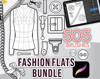 505 PROCREATE FASHION PINSEL • Für flache Skizzen: Kleidungsvorlagen, Stiche, Knöpfe, Reißverschlüsse, Seile, Schnüre, Ketten, Schnallen • Pinselset-Dateien