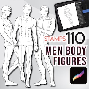 110 PROCREATE MEN FIGURES Stamps • Man Body Fashion Sketch Pose Templates -  .Brushset + Png files + Free Hair Pack + Bonus!