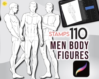 110 PROCREATE MEN FIGURES Stamps • Man Body Fashion Sketch Pose Templates -  .Brushset files + Free Hair Pack + Bonus!