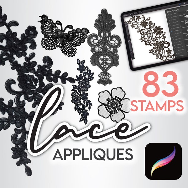 83 PROCREATE LACE STAMPS • 51 Lace Appliques Textures + 32 Stitch Brushes • Bridal Lingerie Decorative Brushset Files +Free Bonus