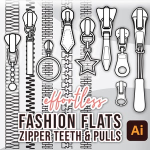 56 ZIPPER TEETH Brushes + 50 PULLS for Fashion Flats • Adobe Illustrator Fully Editable Vector • +Free Bonus Single Needle and Cord Brushes!
