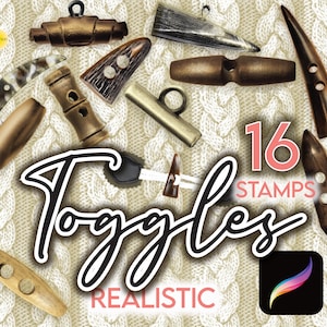 May include: 16 realistic digital stamps of various toggles in different styles and materials, including wood, horn, and metal. The toggles are shown on a white knitted background.