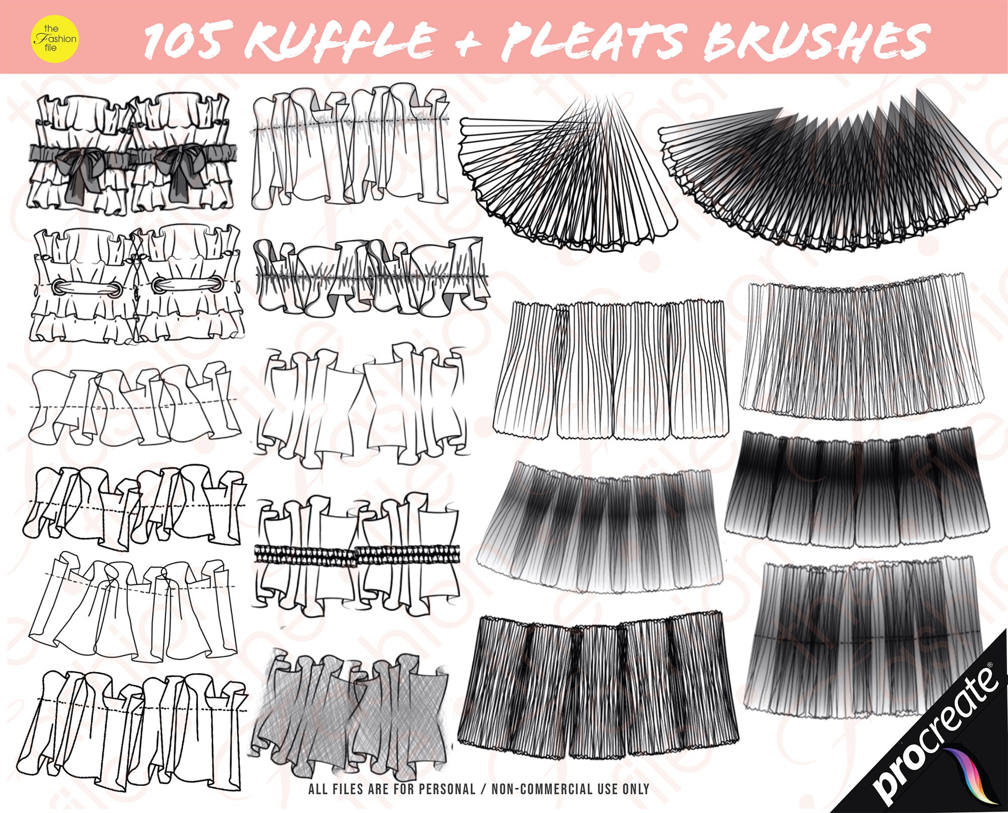 105 PROCREATE RUFFLE BRUSHES • Pleats Shirring Smocking Gathers Frills ...