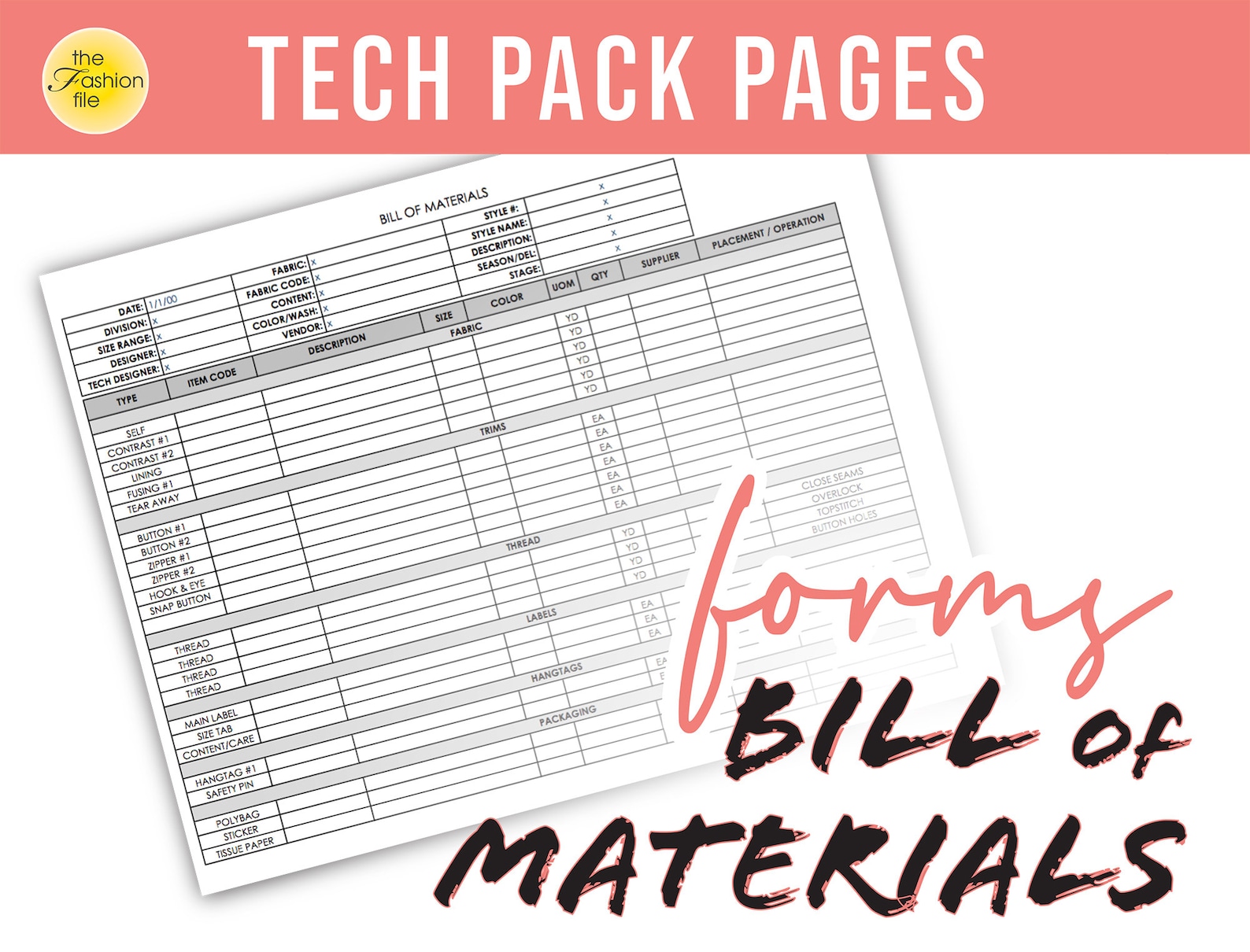 Fashion Tech Pack • BILL of MATERIALS - BOM • Professional Format ...