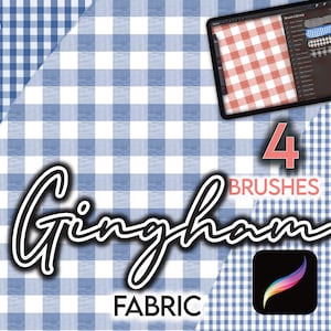 Op de afbeelding: Digitaal kunstontwerp met een tablet waarop opties voor gingham stofborstels worden weergegeven. De afbeelding bevat de tekst "Gingham Fabric" en "4 Brushes" met een Procreate app-pictogram. De achtergrond toont blauw-witte gingham patronen.
