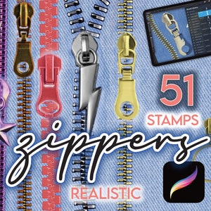 May include: 51 realistic zipper stamps for digital art. The stamps feature a variety of zipper styles, including metal, plastic, and fabric. The stamps are perfect for adding a touch of realism to your digital art projects.