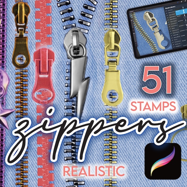 51 PROCREATE FASHION BRUSHES • 39 Zipper Pull Realistic Stamps + 9 Zipper Teeth Brushes + Bonus Palette • Brushset Files Designer Brush