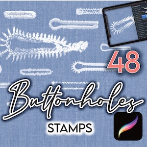 Puede incluir: 48 sellos de ojales para arte digital. Los sellos son blancos y están sobre un fondo de mezclilla azul. El texto "Buttonholes" está escrito en cursiva negra. El texto "STAMPS" está escrito en blanco debajo de la cursiva. Un pequeño icono de aplicación está en la esquina inferior derecha.