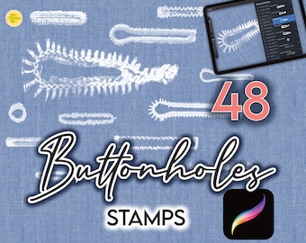 May include: 48 buttonhole stamps for digital art. The stamps are white and are on a blue denim background. The text "Buttonholes" is written in black cursive script. The text "STAMPS" is written in white below the cursive text. A small app icon is in the bottom right corner.