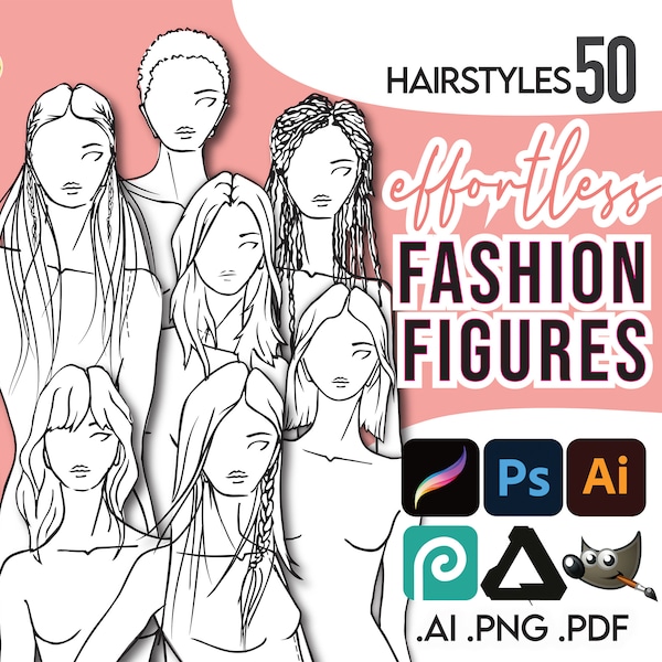 Fashion Figures HAIRSTYLES 50-pack • PDF, Ai and PNG files for Procreate • Sketch • Fashion Figures Template • Drawing + Free Bonus File