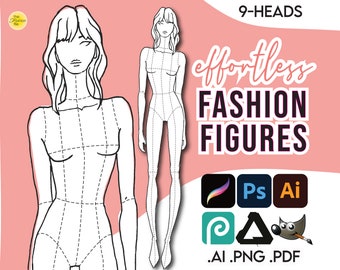 Fashion ILLUSTRATION CROQUIS TEMPLATE • Printable Pdf • Ai Adobe Illustrator • Png for Procreate • Female 9-Head Figures + Free Bonus File