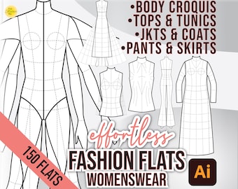 150 FASHION FLATS TEMPLATES • Printable Pdf and Illustrator Ai File  Croquis + Fits for Tops, Tunics, Jackets, Coats, Skirts & Pants.