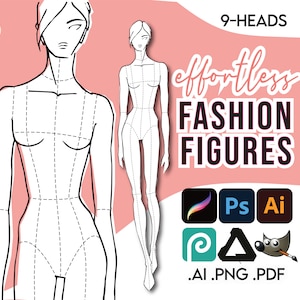 FASHION DESIGN TEMPLATE • Pdf Ai Png for Procreate • 9-Head Female Fashion Sketch • Free Bonus File: Must Have Tools for Fashion Designers!