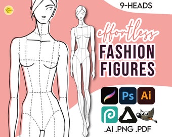 Può includere: Un disegno in bianco e nero di una figura di moda con nove teste. La figura è divisa in sezioni con linee tratteggiate. Il testo "9-HEADS effortless FASHION FIGURES .AI .PNG .PDF" è nella parte superiore dell'immagine.