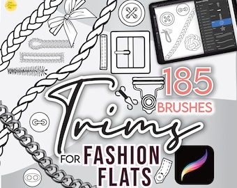 185 PROCREATE FASHION BRUSHES • Trims for Flat Sketches Buttons, Toggles, Buckles, Buttonholes, Ties, Bows, Rope • Brushset File + Bonus!