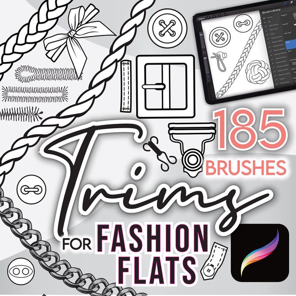 185 PROCREATE FASHION BRUSHES • Trims for Flat Sketches Buttons, Toggles, Buckles, Buttonholes, Ties, Bows, Rope • Brushset File + Bonus!