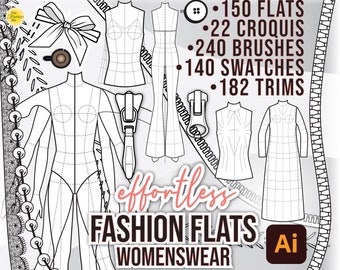 FASHION FLATS TEMPLATES for Tech Packs Bundle • Adobe Illustrator • 22 Female Croquis • 150 Flats • 140 Swatches • 240 Brushes • 180 Trims