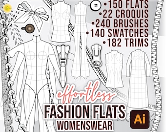 FASHION FLATS TEMPLATES for Tech Packs Bundle • Adobe Illustrator • 22 Female Croquis • 150 Flats • 140 Swatches • 240 Brushes • 180 Trims