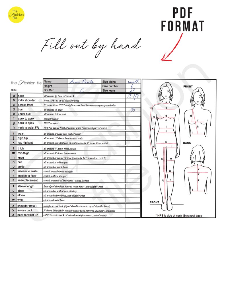 Fashion Designer MEASUREMENT SHEET body TEMPLATE Blank | Etsy