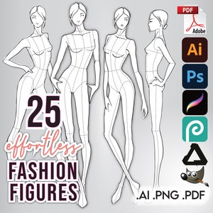 ファッションフィギュア 25 テンプレートパック • 9 頭の女性スケッチ • Procreate 用 PDF AI PNG • デザイナークロッキー + 無料の基本ヘアパックとボーナスファイル