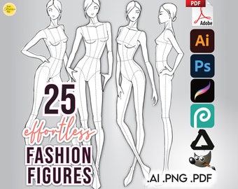 FASHION FIGURES 25 TEMPLATES Pack • 9-Head Female Sketches • Pdf Ai Png for Procreate • Designer Croquis + Free Basic Hair Pack & Bonus File