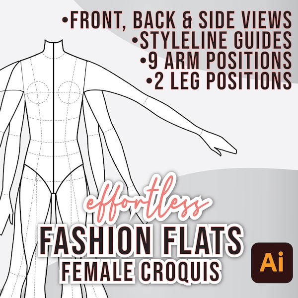 FASHION FLATS TEMPLATES • 22 Female Full Body Croquis For Flats: Front Back & Sides • Stylelines, Dart + Princess Seam Guides + Bonus File