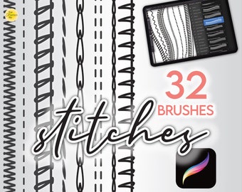 32 PROCREATE FASHION PINSEL • Stiche für Flache Skizzen Ein- & Doppelnadel, Coverstich, Overlock + mehr • Brushset-Dateien + Gratis Bonus!