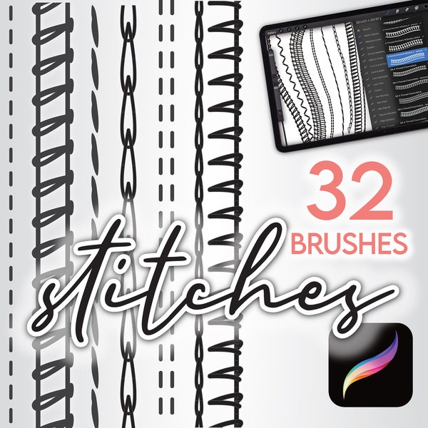 32 PROCREATE FASHION PINSEL • Stiche für Flache Skizzen Ein- & Doppelnadel, Coverstich, Overlock + mehr • Brushset-Dateien + Gratis Bonus!