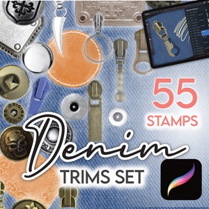 55 PROCREATE DENIM TRIMS Stamp Set • Realistic Procreate Buttons Rivets Zippers & Patches • Fashion Procreate Brushes Illustration Anime