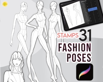 27 sellos PROCREAR FIGURAS DE MODA + 4 peinados gratis • Plantillas de poses femeninas de 9 cabezas - Biblioteca de pinceles. conjunto de pinceles + Png incluido + ¡Bono!