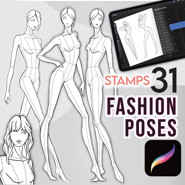 27 sellos PROCREAR FIGURAS DE MODA + 4 peinados gratis • Plantillas de poses femeninas de 9 cabezas - Biblioteca de pinceles. conjunto de pinceles + Png incluido + ¡Bono!