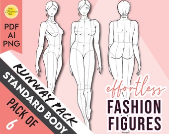 STANDARD / REALISTIC BODY Fashion Figure Templates 6-Pack • Runway Poses • Female Fashion Croquis • Ai Pdf Png • Illustration • + Free File!