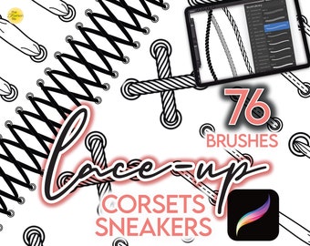 76 PROCREATE LACE-UP Brushes • Corsets Sneakers Lacing Cord Cording Tie Cordon Sketch Drawing Fashion Flats Trims Brush Anime Manga