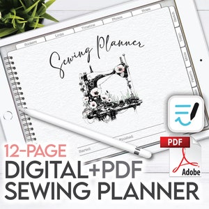 以下が含まれることがあります： 12ページのレイアウトを持つデジタルソーイングプランナー。プランナーには、花が付いたヴィンテージミシンの白黒イラストが描かれています。プランナーはPDFダウンロードとして入手できます。