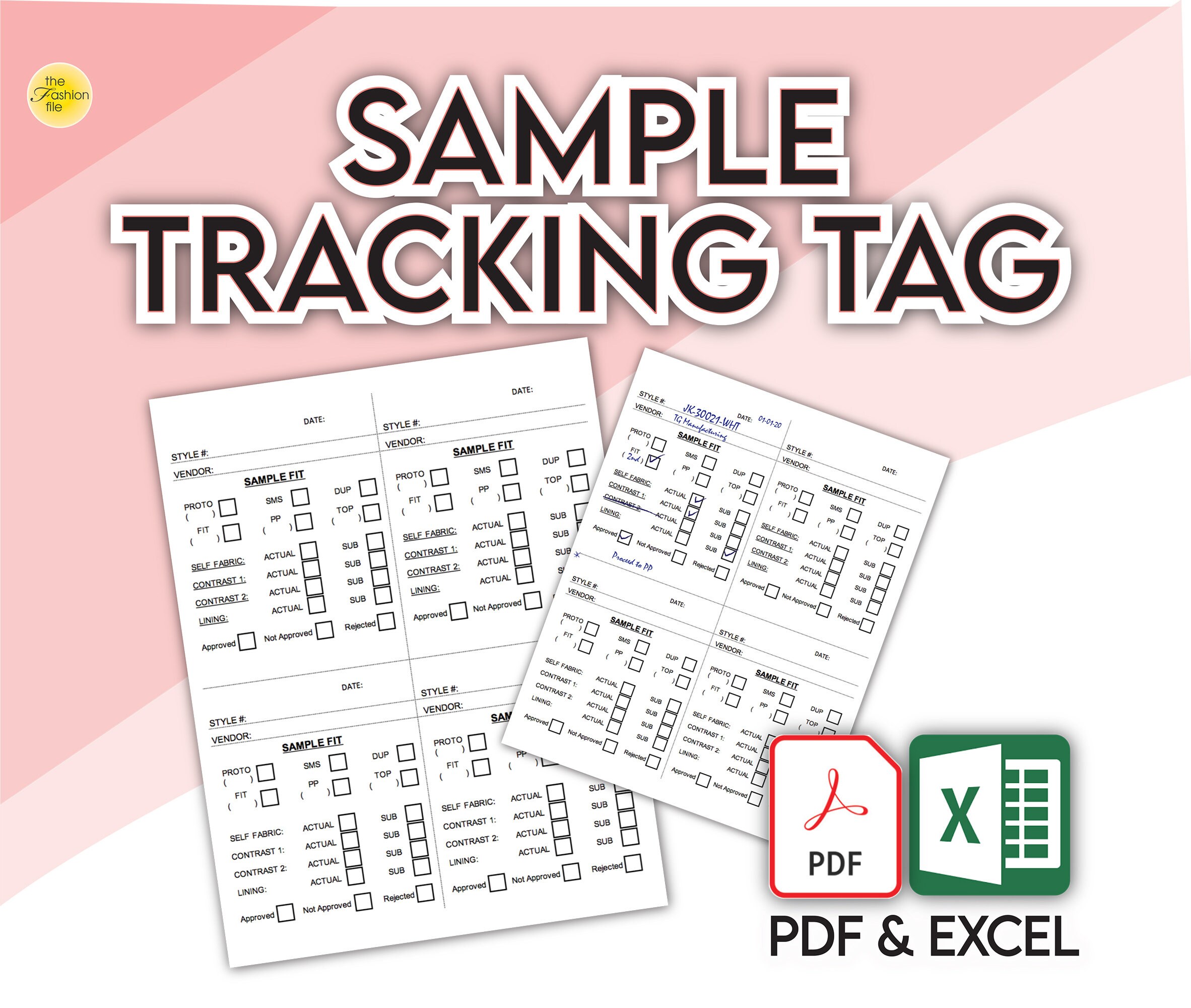 Fashion Designer SAMPLE TRACKING TAG Template  • Pdf and Excel files • Plus Bonus File for Fashion Start Ups!