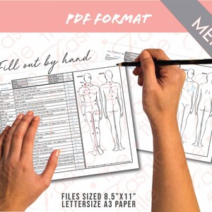 Puede incluir: Formulario PDF imprimible para medir las medidas corporales de los hombres. El formulario incluye una vista frontal y posterior de una figura masculina con puntos numerados para tomar medidas. El formulario est&aacute; etiquetado como "Rellenar a mano" y "Formato PDF".