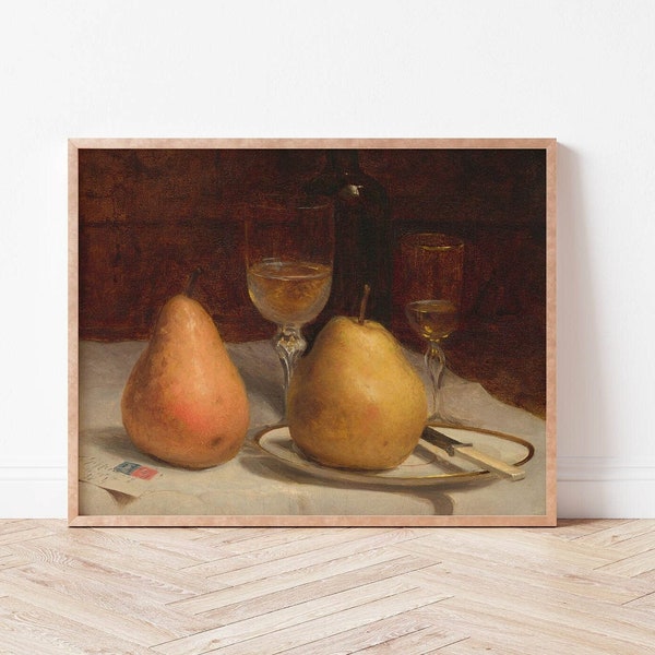 Still Life Oil Painting of Pears on a Plate with Antique Glasses Fine Art Print. Victorian Fruit Print. Wall Decor.