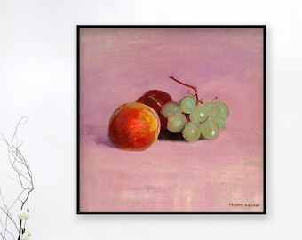 Vintage Still Life Painting of Fruit on a Beautiful Dusky Pink Backdrop | Antique Oil Painting | Vintage Square Fine Art Print | Wall Decor