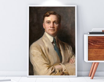 May include: A painting of a man wearing a light brown suit with a white collar and a blue tie. He is looking directly at the viewer with a serious expression. The background is a dark brown.