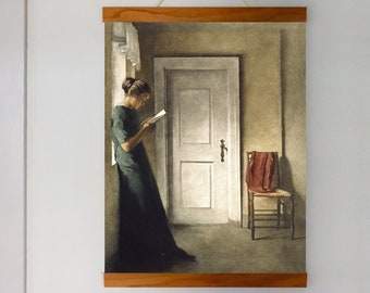 Female Portrait Painting of a Lady Reading. Vintage Oil Painting. Beautiful Romantic Interior Wall Decor. Vintage Fine Art Print.