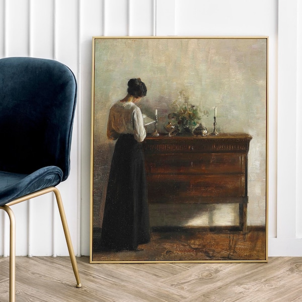 Vintage Female Portrait | Antique Oil Painting of Lady Reading | Interior Scene | Romantic Art Deco Wall Decor | Giclee Print A2 A3 A4 16x20