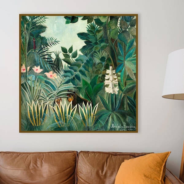 Henri Rousseau Equatorial Jungle Oil Painting | Beautiful Tropical Wall Decor | Fun, Square Fine Art Print 16x16in