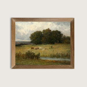 Vintage Cows Grazing Painting: Farmhouse Landscape Giclee Art Print